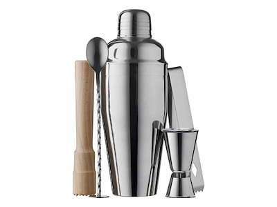 Funktion Barsæt m. shaker 700 ml, røreske, målebæger og istang i stål samt støder i bøgetræ, BAR