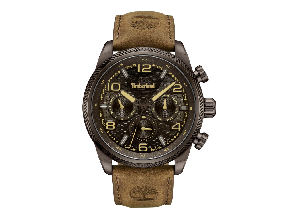 Timberland Henniker II multifunktion Herreur i rustfrit stål. Sort reliefskåret urskive & brun læderrem - Ø 46 mm