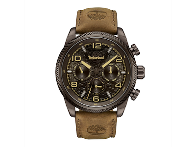 Timberland Henniker II multifunktion Herreur i rustfrit stål. Sort reliefskåret urskive & brun læderrem - Ø 46 mm