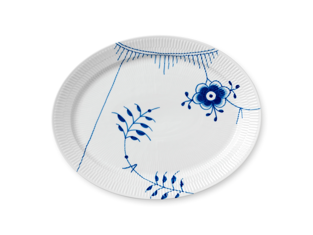 Royal Copenhagen Blå Mega Riflet, oval tallerken 35 cm