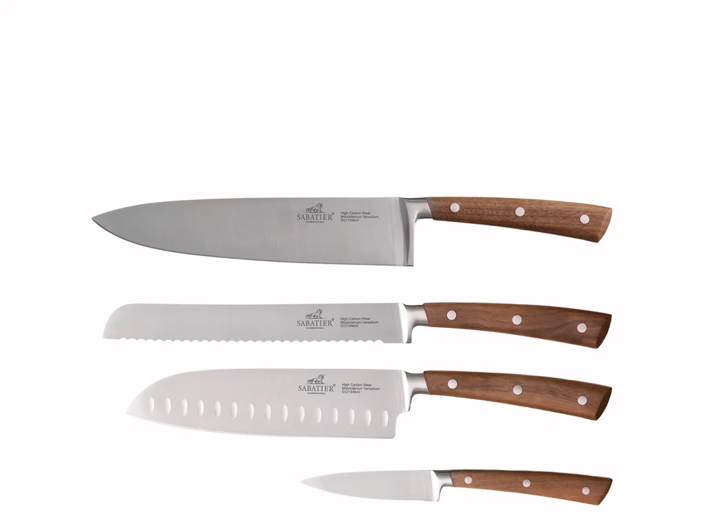 Lion Sabatier Gemini knivsæt 4 dele, urte-, mini santoku-, brød- og kokkekniv, valnød skaft FSC