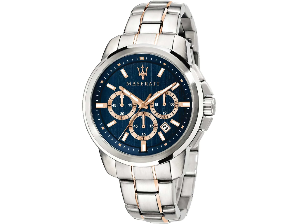 Maserati Successo bicolor herrekronograf, Ø 44 mm. Rustfrit stål og rosa guld PVD. Blå børstet urskive med roda guld trim.