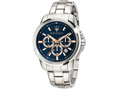 Maserati Successo bicolor herrekronograf, Ø 44 mm. Rustfrit stål og rosa guld PVD. Blå børstet urskive med roda guld trim.