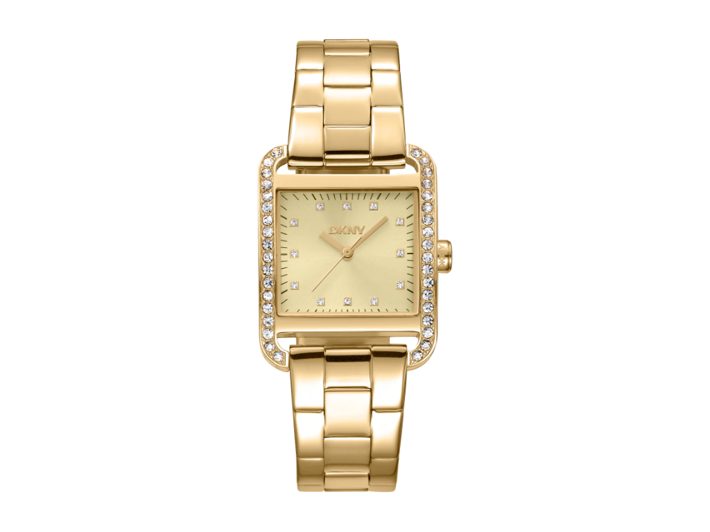 DKNY City Glitz Dameur i rustfrit stål med guld PVD og urkasse med krystaller - 27x34,5 mm