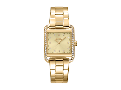 DKNY City Glitz Dameur i rustfrit stål med guld PVD og urkasse med krystaller - 27x34,5 mm