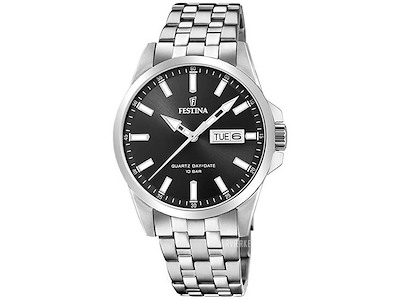 Festina Herreur med sort urskive og rustfrit stål lænke
