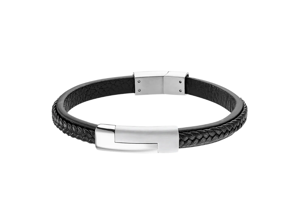 LOTUS Style herre armbånd i sort læder med sølv spænde