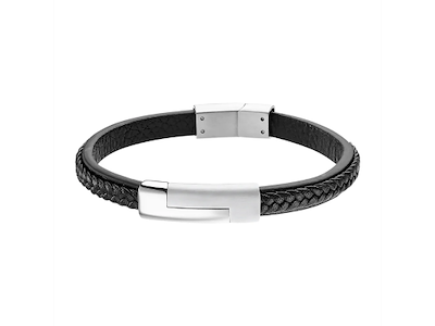 LOTUS Style herre armbånd i sort læder med sølv spænde