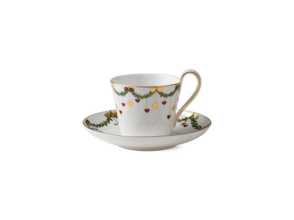 Royal Copenhagen Stjerne Riflet jul, højhanks kop med underkop 27 cl