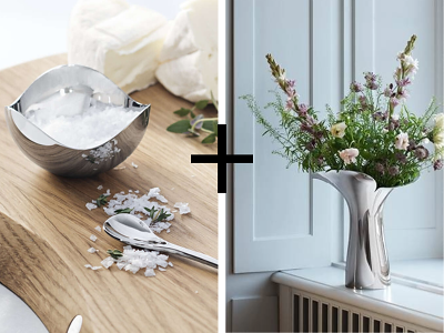 Georg Jensen Bloom Vase i rustfrit stål - 28 cm samt Bloom saltskål med ske