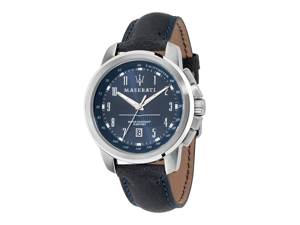 Maserati herreur Successo, 44 mm. Stål med blå rem. Blå skive 