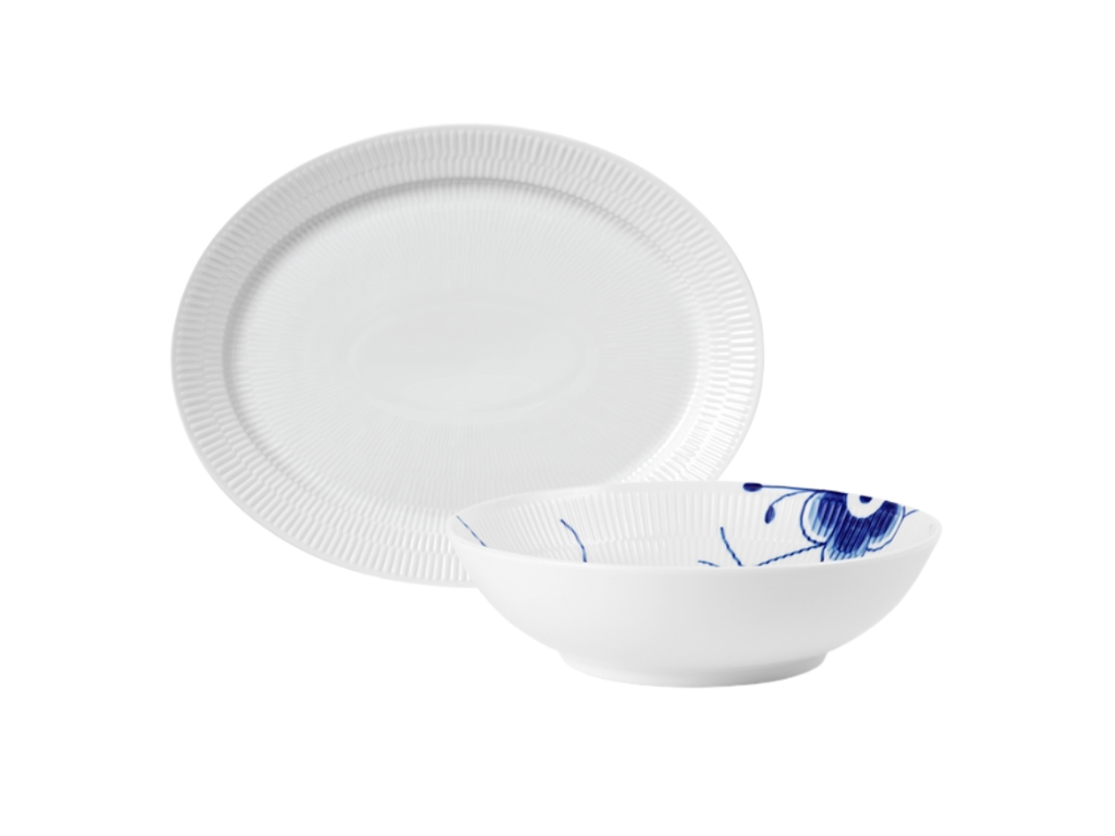 Royal Copenhagen Blå Mega Riflet skål 21 cm & Hvid Riflet ovalt tallerken 35 cm