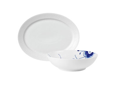 Royal Copenhagen Blå Mega Riflet skål 21 cm & Hvid Riflet ovalt tallerken 35 cm