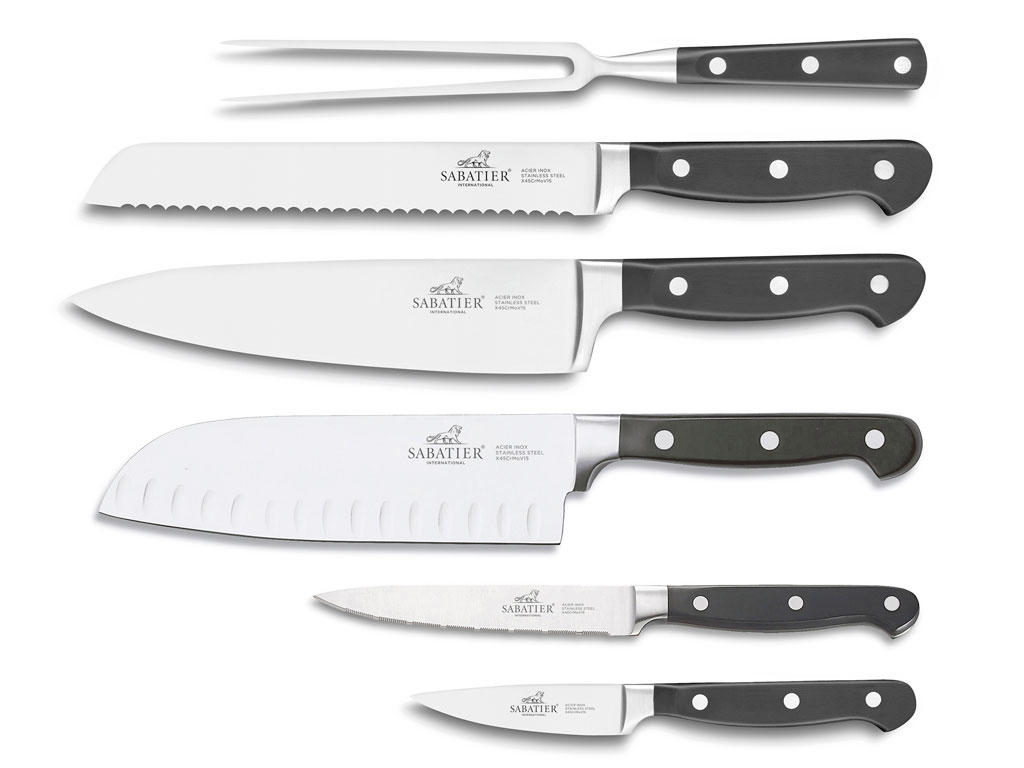 Lion Sabatier Knivsæt 6 dele, urte, tomat, santoku, brød og kokkekniv samt stegegaffel i stål/sort, Pluton