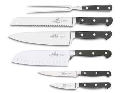Lion Sabatier Knivsæt 6 dele, urte, tomat, santoku, brød og kokkekniv samt stegegaffel i stål/sort, Pluton