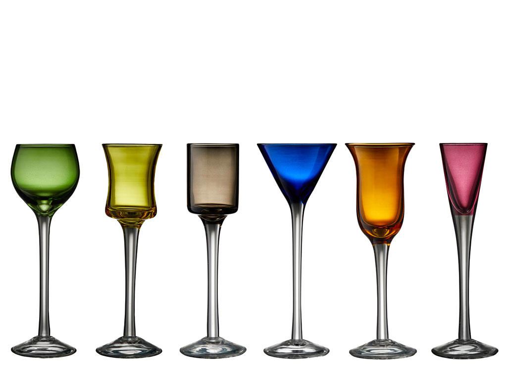 Lyngby Glas Snapseglas på fod 6 stk i assorterede farver og former
