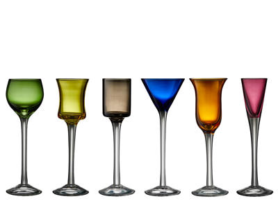Lyngby Glas Snapseglas på fod 6 stk i assorterede farver og former