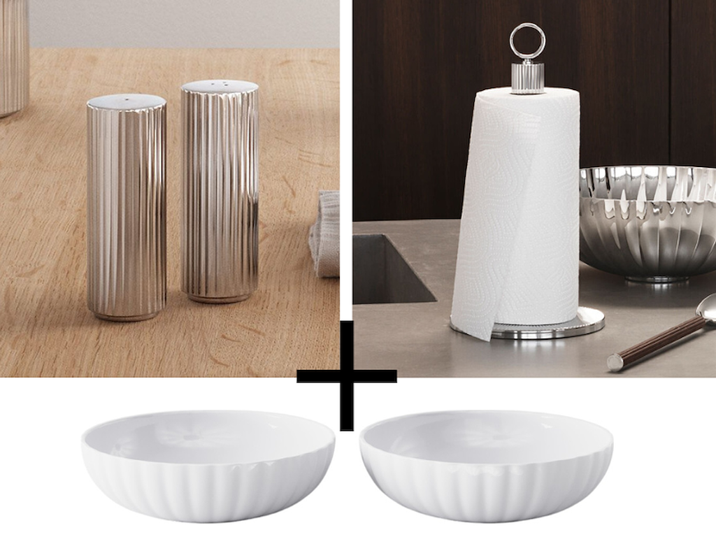 Georg Jensen Bernadotte salt og pebersæt, køkkenrulleholder samt skåle i porcelæn