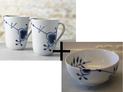 Royal Copenhagen Blå Mega Riflet krus 33 cl - 2 pak samt Blå Mega Riflet skål 15 cm